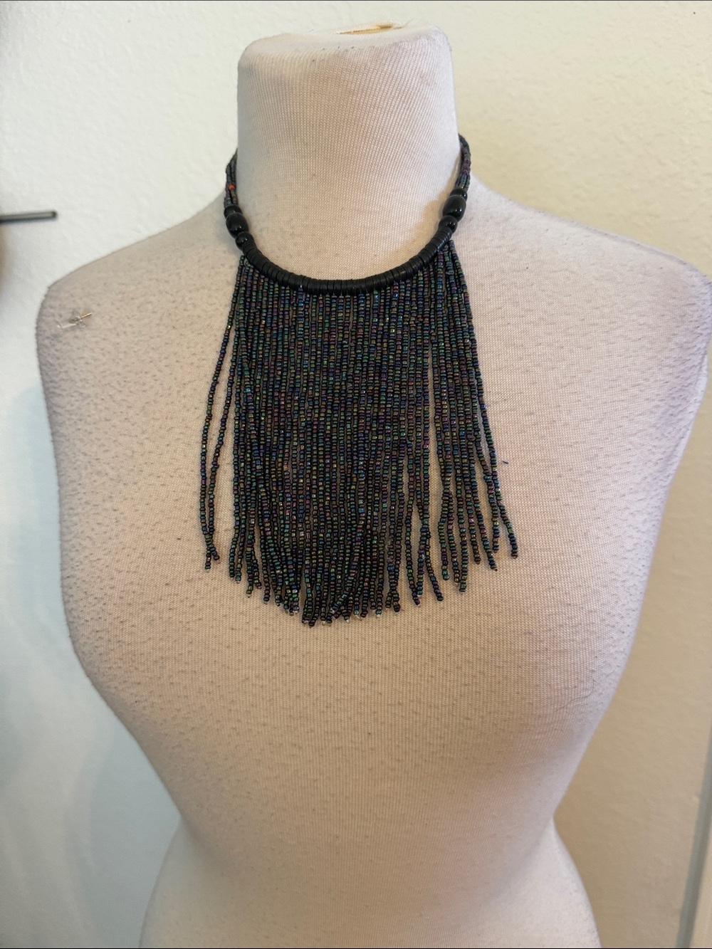 Beaded Fringe Statement Necklace - Black Iridescent. 5.5 inches long